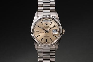 1989 Rolex 18K WG Day-Date 18239 Silver Index Dial with Papers