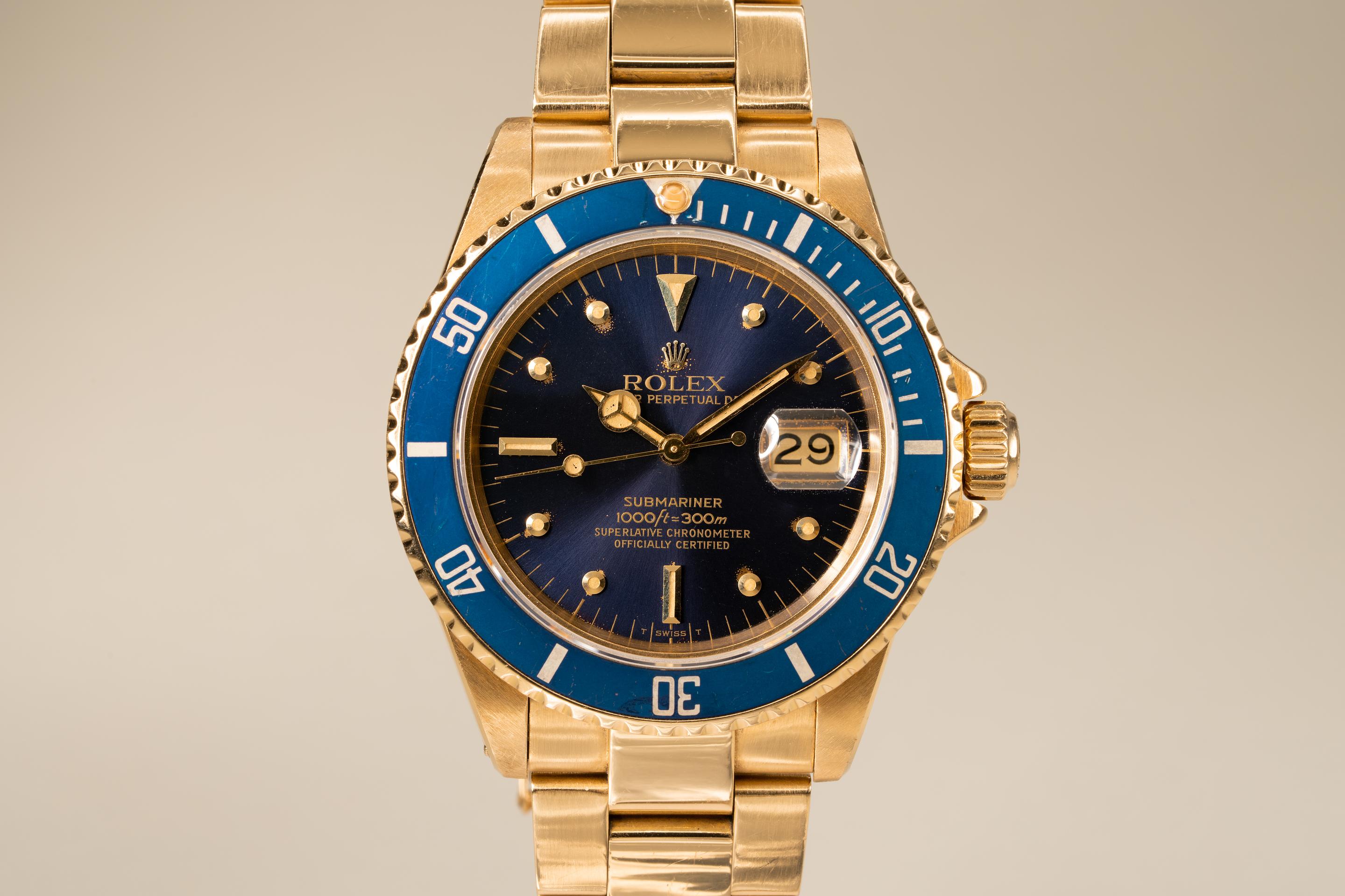ROLEX SUBMARINER 青文字盤 掛時計 1981 Rolex 18K Submariner 16808 Blue Nipple Dial | Tropical Watch