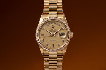 1986 Rolex 18K YG Day-Date 18048 Satin Champagne Diamond Dial