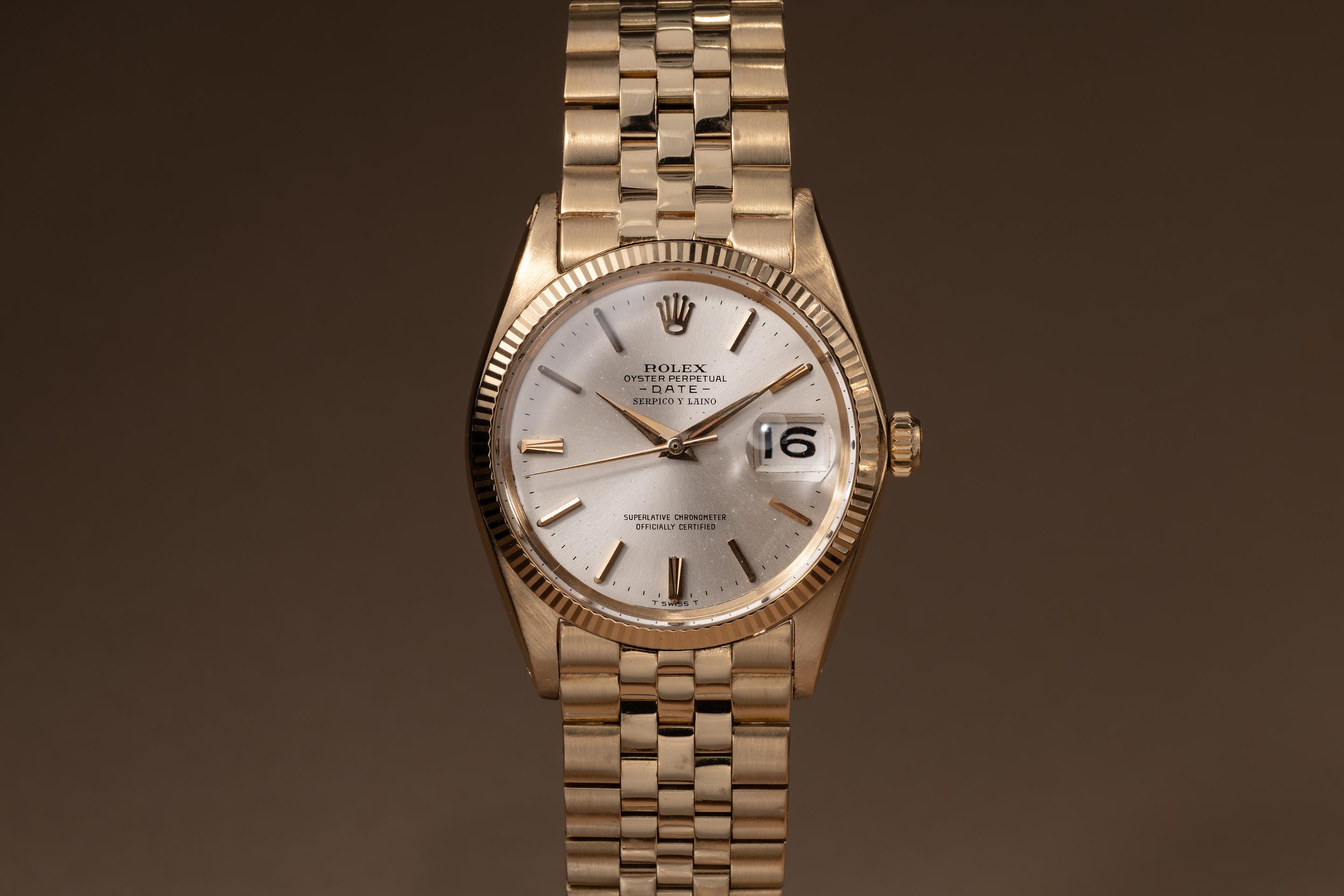 1965 18K YG Rolex Oyster Perpetual Date 1503 Silver Serpico Y