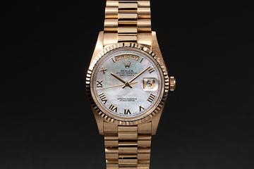 Unpolished 1988 Rolex 18K YG Day-Date 18238 MOP Roman Numeral Dial