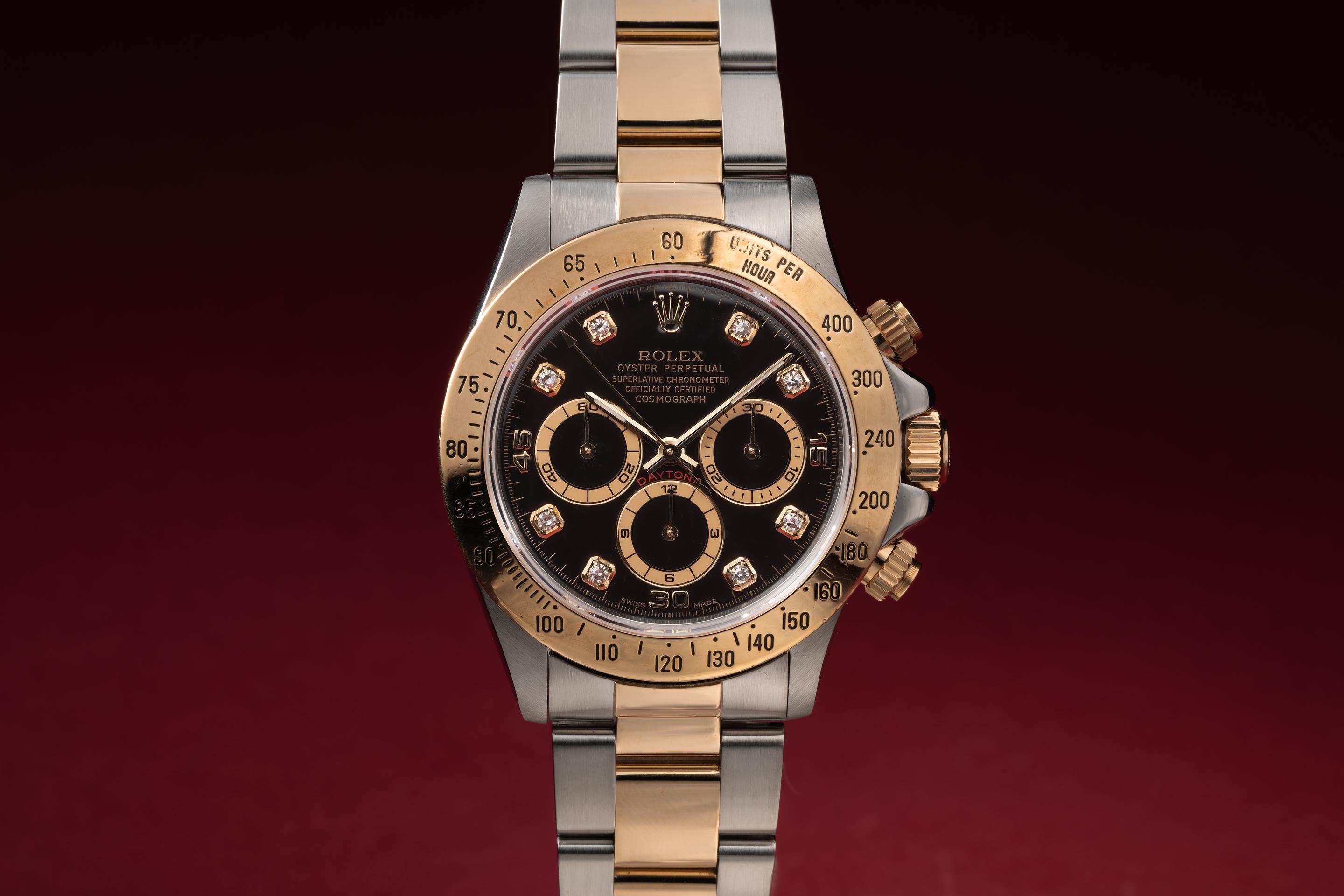 Tropical Watch 1996 Rolex Two Tone Daytona 16523 Black Diamond Dial with Papers