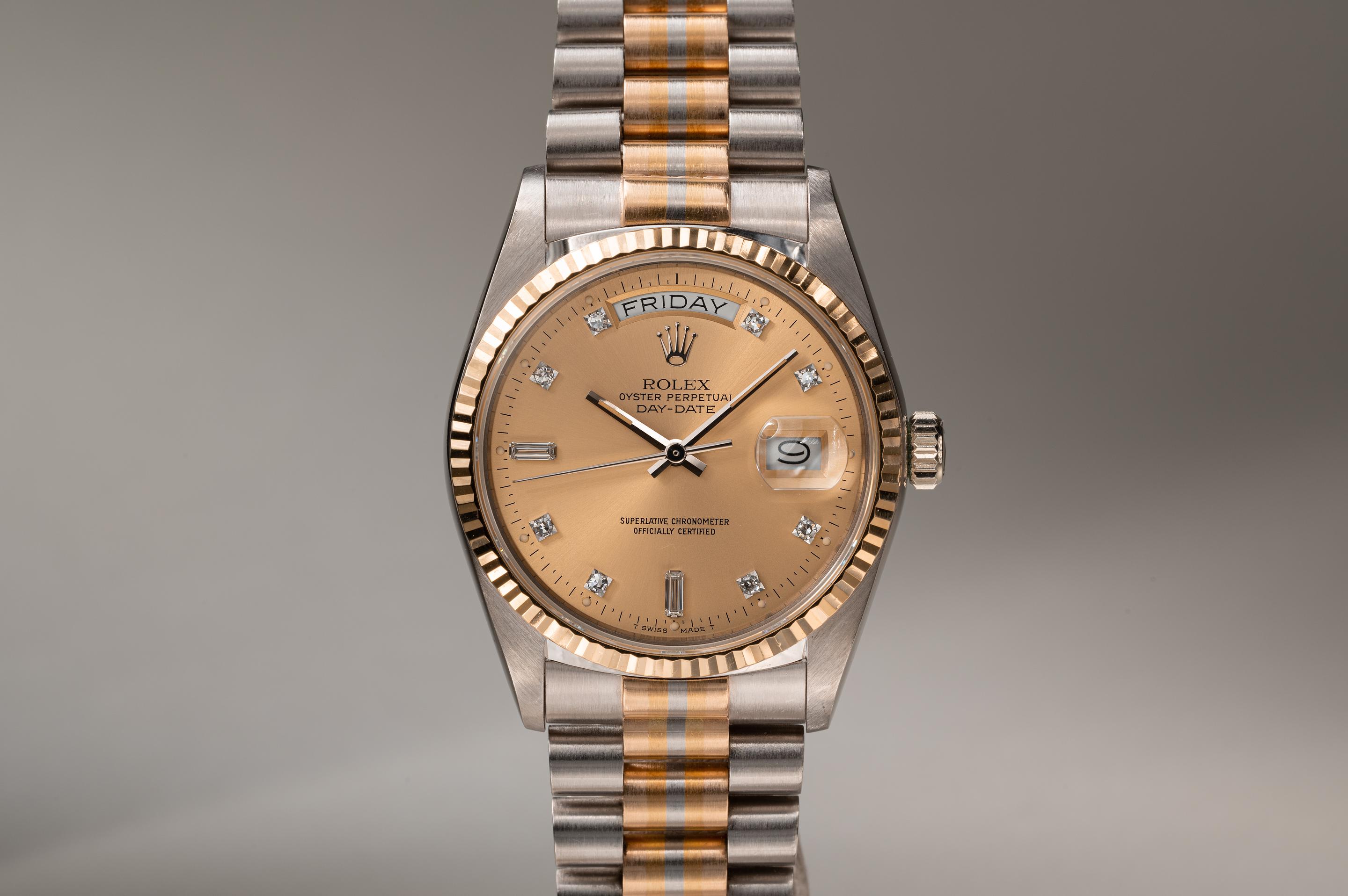 Tropical Watch 1985 Rolex Tridor Day Date 18039 Salmon Diamond Dial