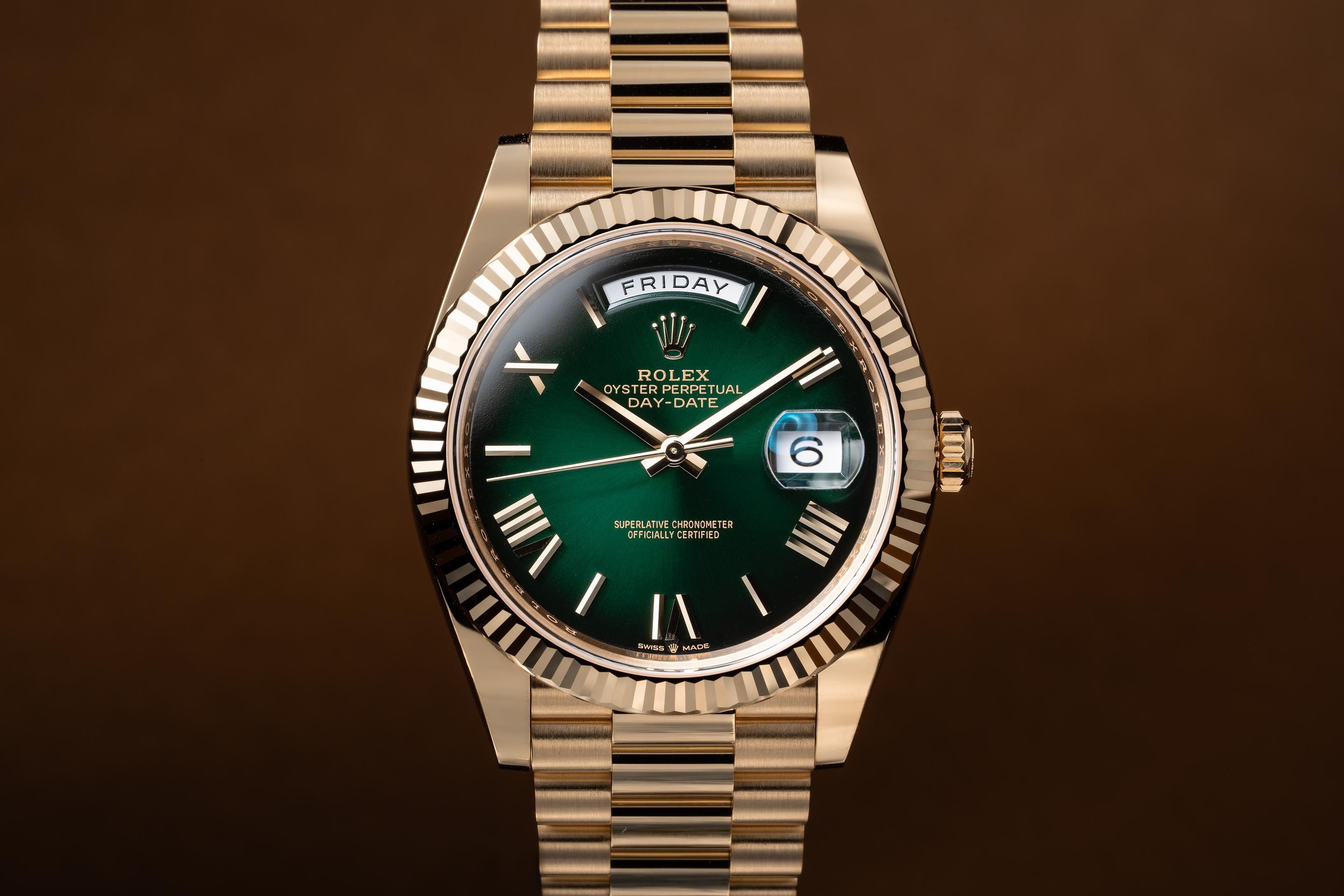 2024 Rolex 18K YG Day-Date 228238 Green Ombre Dial with Box