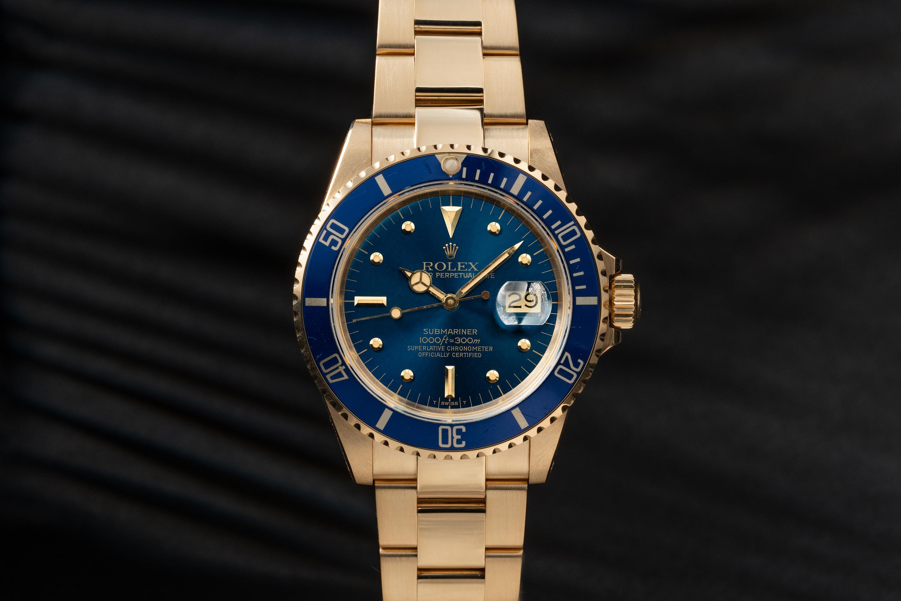 Tropical Watch 1980 Rolex 18K YG Submariner 16808 Blue Dial