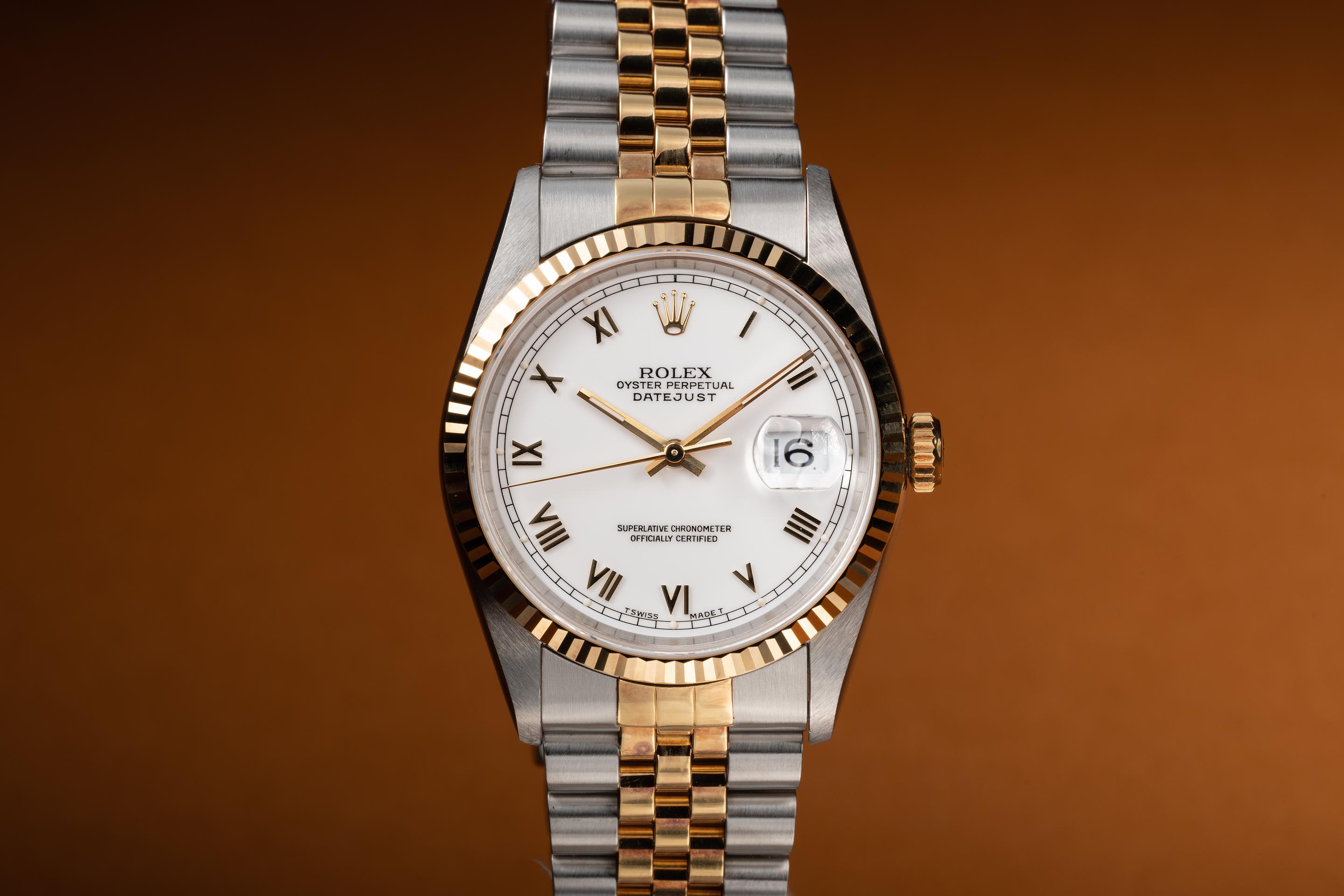 Tropical Watch 1995 Two Tone Rolex DateJust 16233 White Roman Numeral Dial