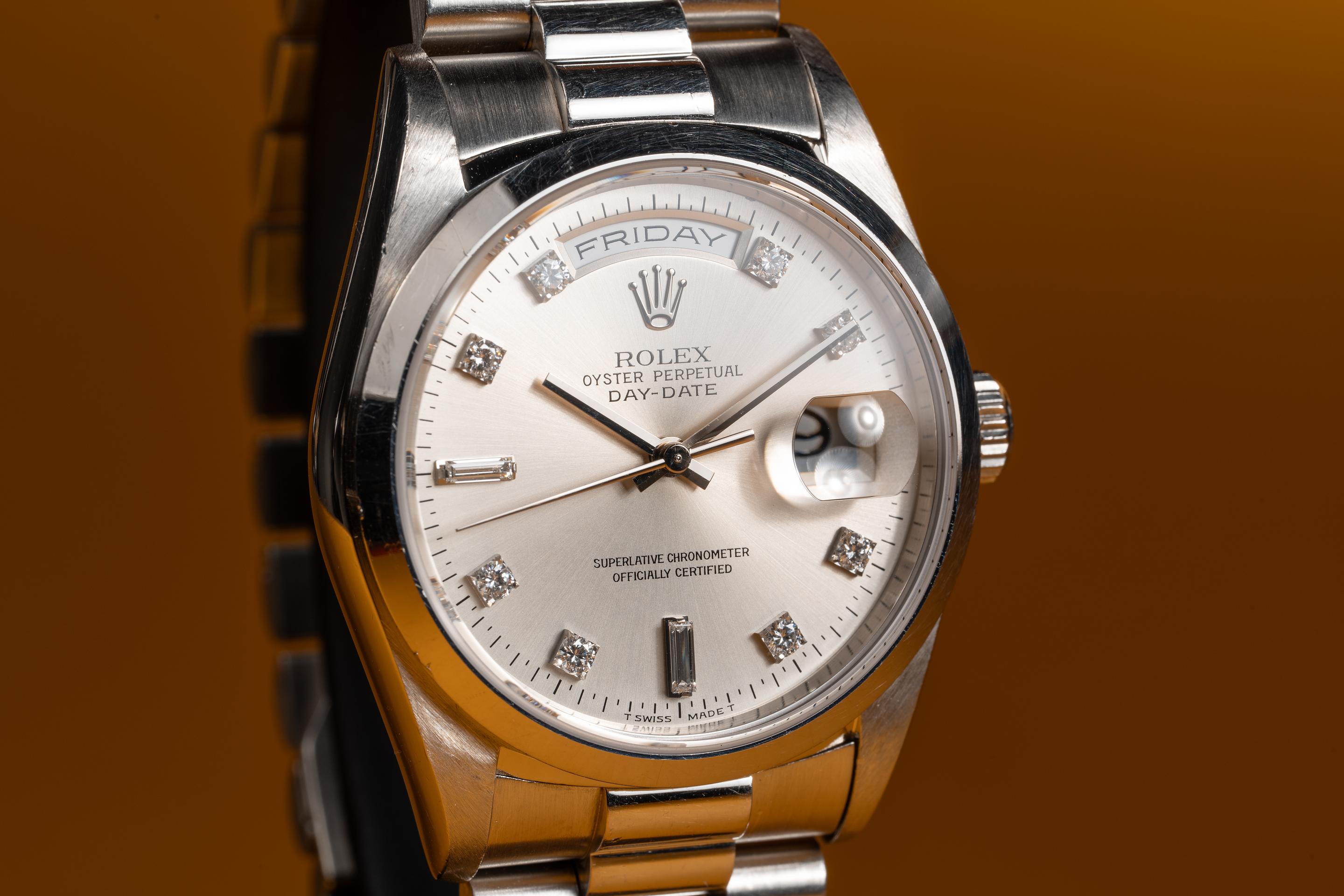 Tropical Watch - 1995 Rolex 18K Platinum Day-Date 18366 Silver Diamond Dial  with Service Papers