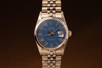 1987 Rolex 18K YG DateJust 16018 Blue Roman Numeral Tropical Dial 