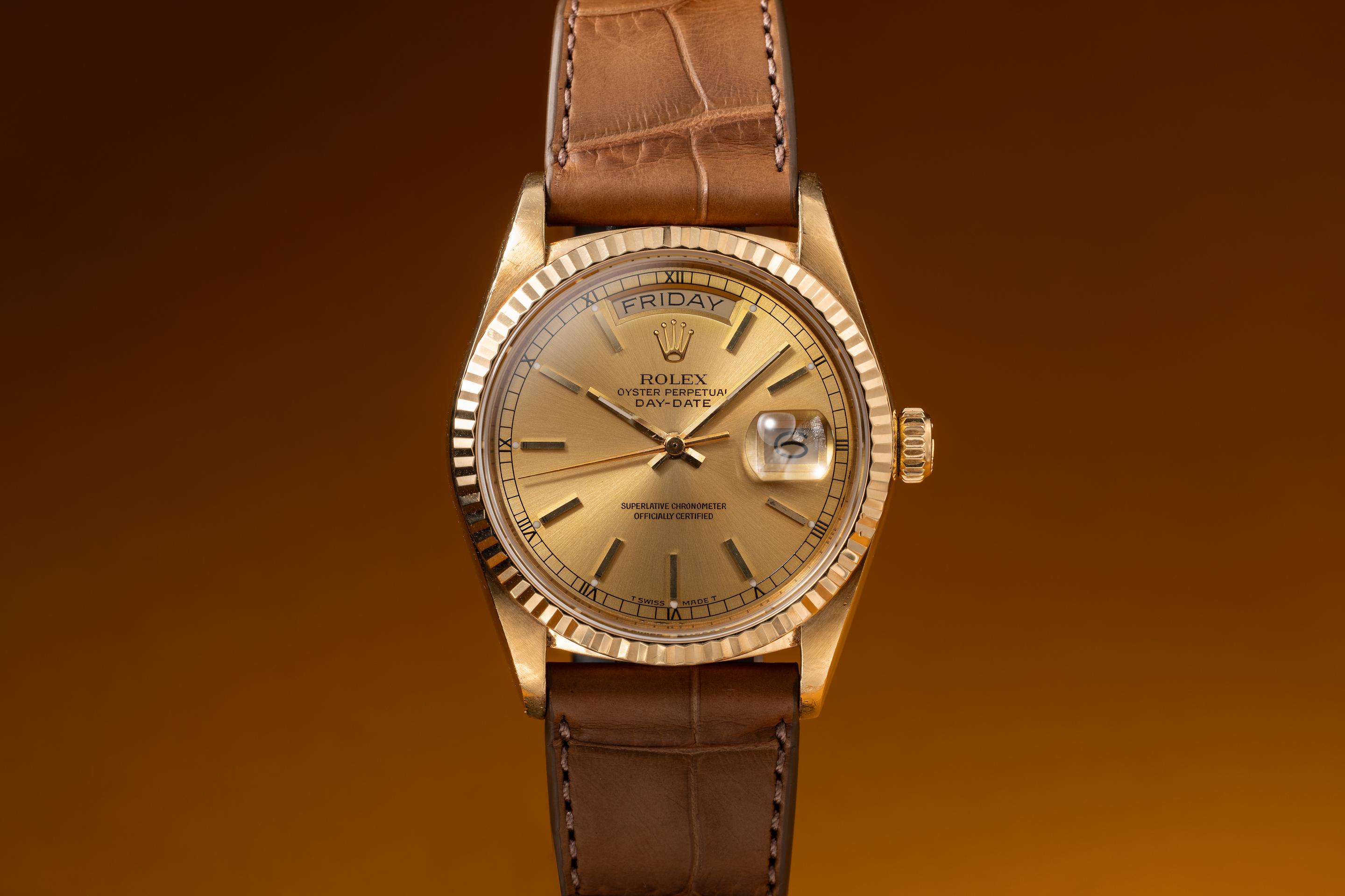 1987 Rolex 18K YG Day-Date 18038 Champagne Dial | Tropical Watch