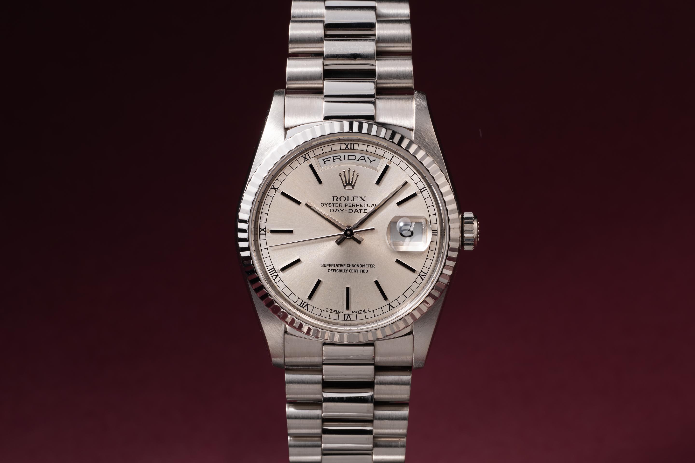 1993 Rolex 18k WG Day-Date 18239 Silver Dial | Tropical Watch