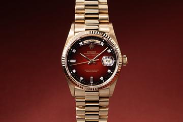 1986 Rolex 18K YG Day-Date 18038 Burgundy Vignette Diamond Dial with Box, Papers, and RSC