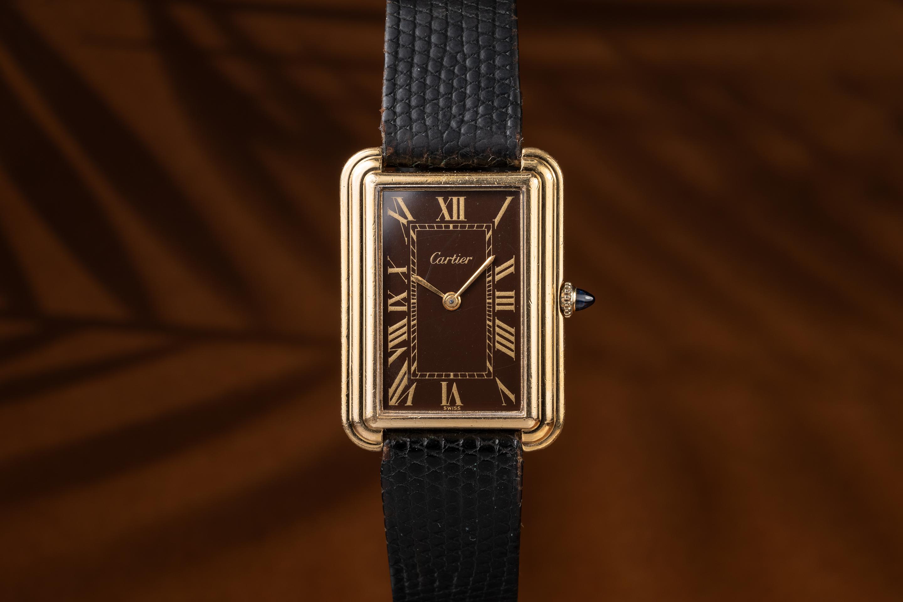 Cartier Gold Plaqué Jumbo Stepped Tank 15716 Brown Dial | Tropical