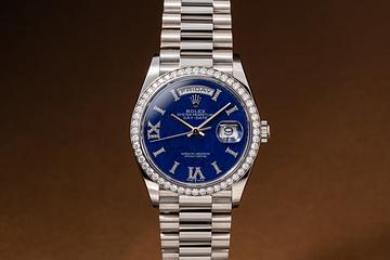 2022 Rolex 18K WG Diamond Day-Date 128349RBR Lapis Diamond Roman Numeral Dial with Box & Papers