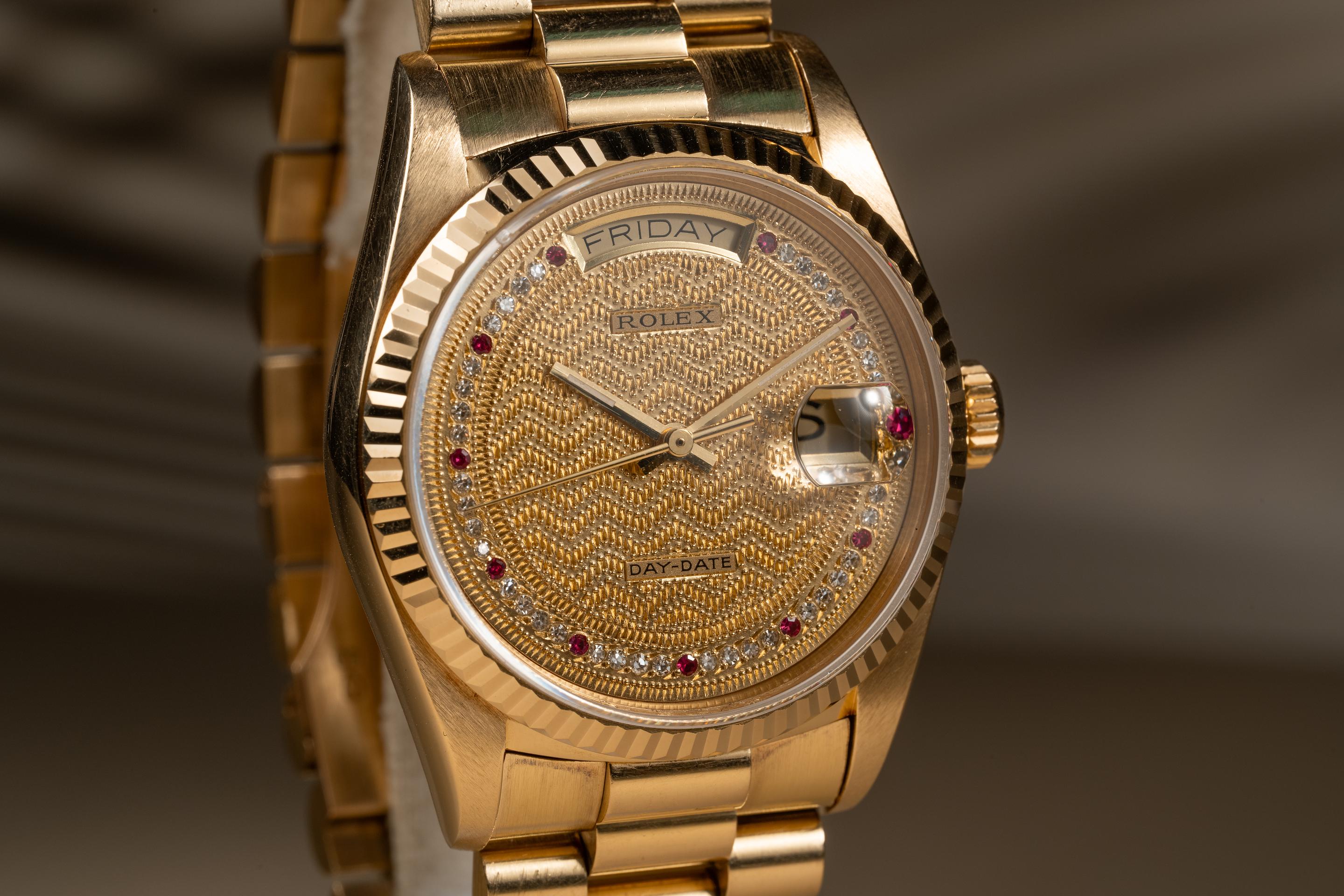 1988 Rolex 18K YG Day-Date 18038 Ruby & Diamond String Missoni